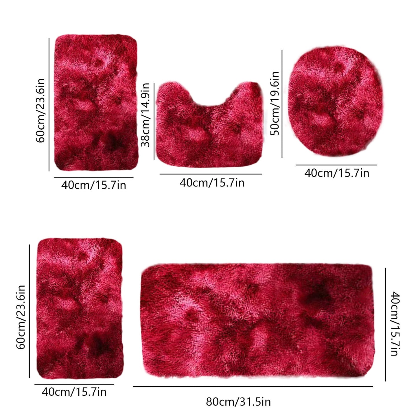 Tyidzon 5Pc Bath Mats for Bathroom, Quick-Dry Bathroom Rugs Sets Washable Non-Slip Bath Mat Ultra Soft Absorbent with U-Shaped Toilet for Bathroom, Tub, Shower, Gray 03-Red