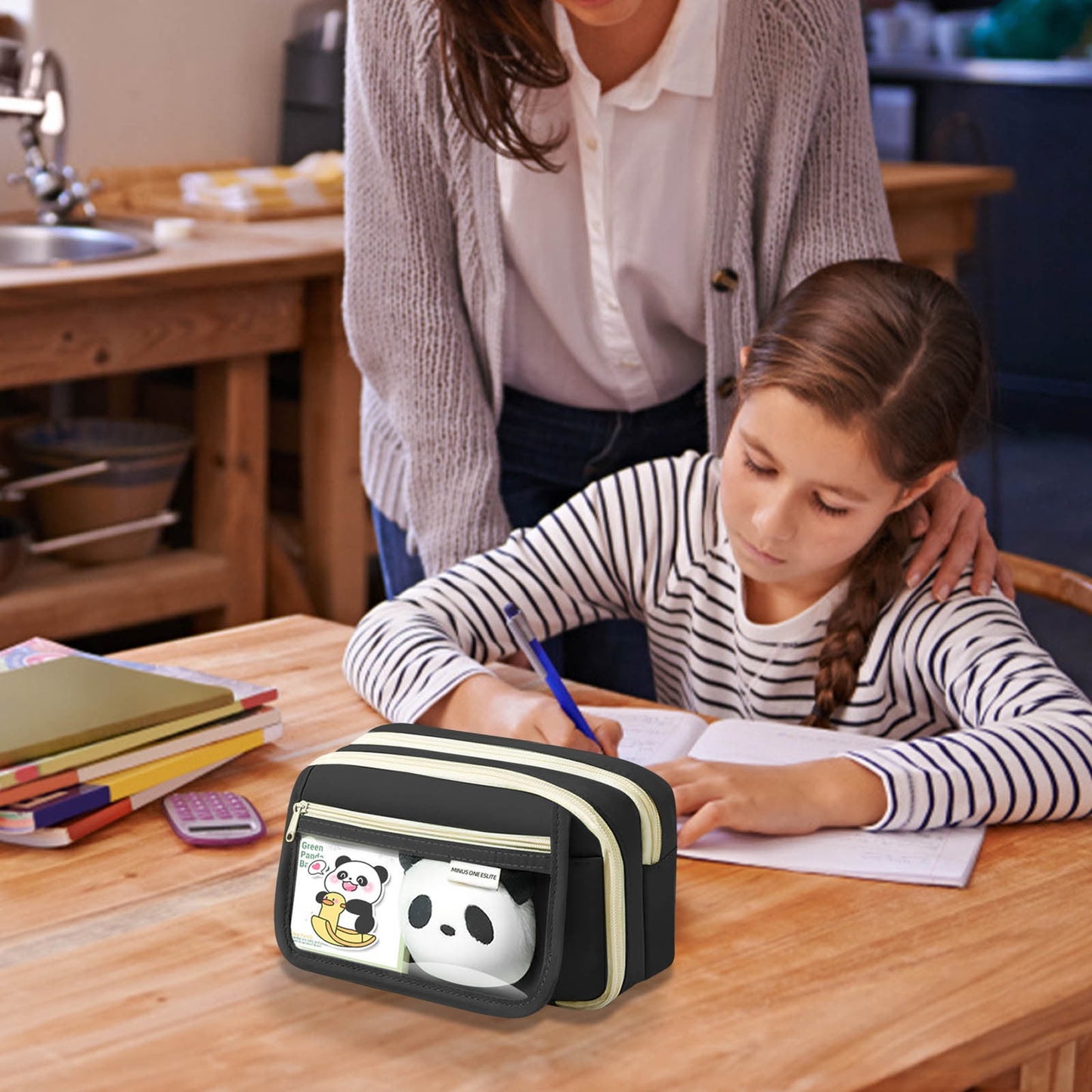 PALIFEUR Pencil Case Large Capacity Pencil Pouch, Multi-layer Aesthetic Pen Bag, Sturdy Multifunctional Pencil Bag, Pencil Box, Sky Blue Z-1-Black