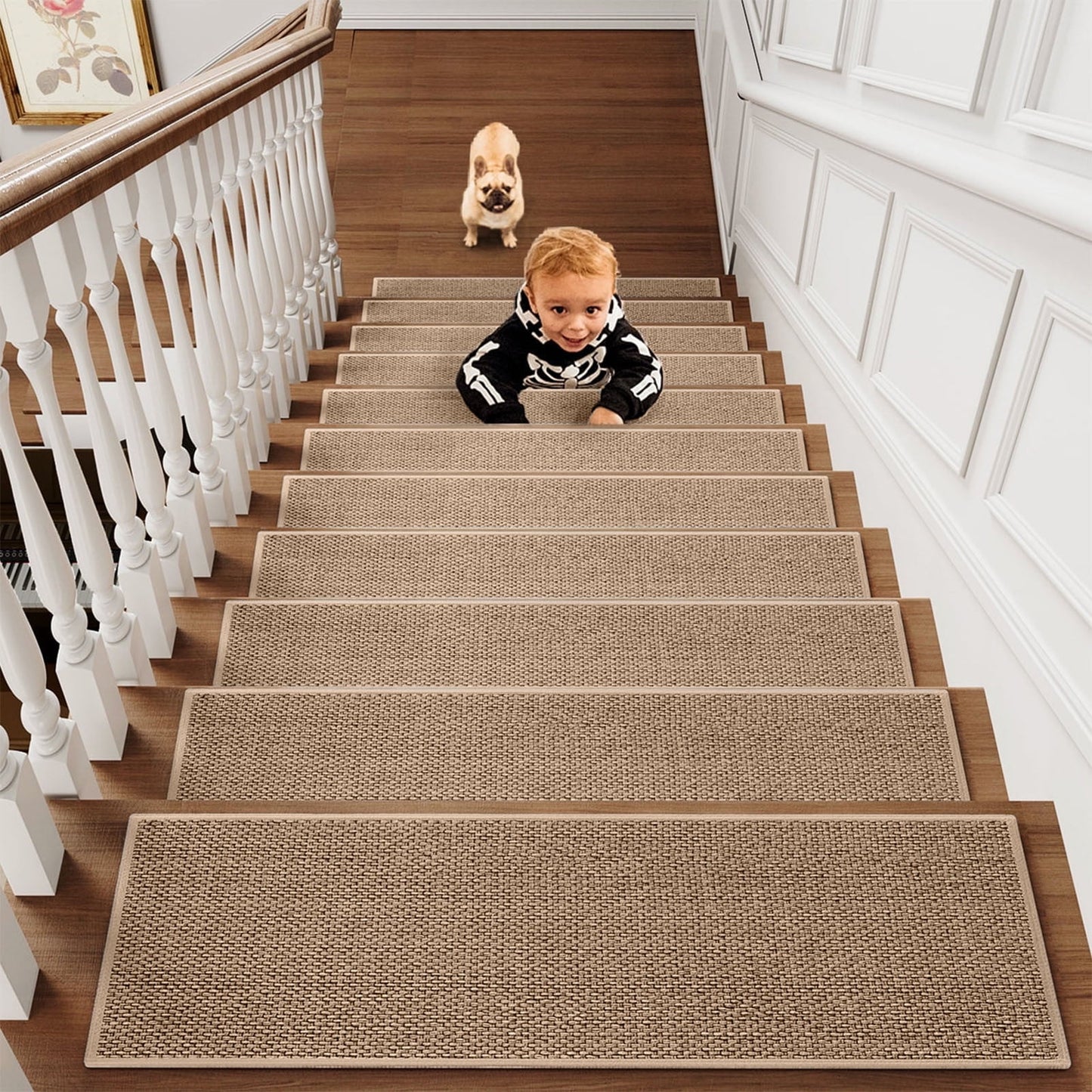 PALIFEUR Stair Treads for Wooden Steps, Soft Stair Treads, 8 x 30 Inch Reusable Carpet Stair Treads, Washable Stair Runners for Wooden Steps Non Slip Stair Rugs #5_White