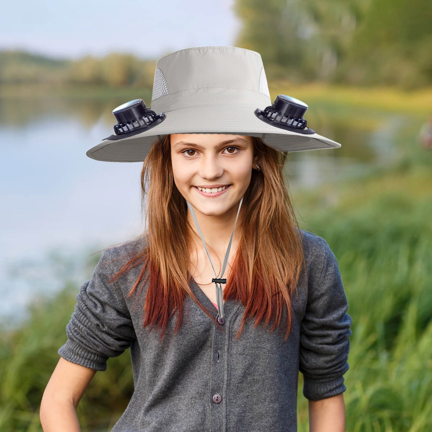 PALIFEUR Wide Brim Solar Fan Hat with 2 Solar Fan, Fan Built in Hat with Fans Solar Power, Solar Powered Fan Hat for Outdoor Fishing Travel, 3 Speed Adjustable Fan Hat Gray