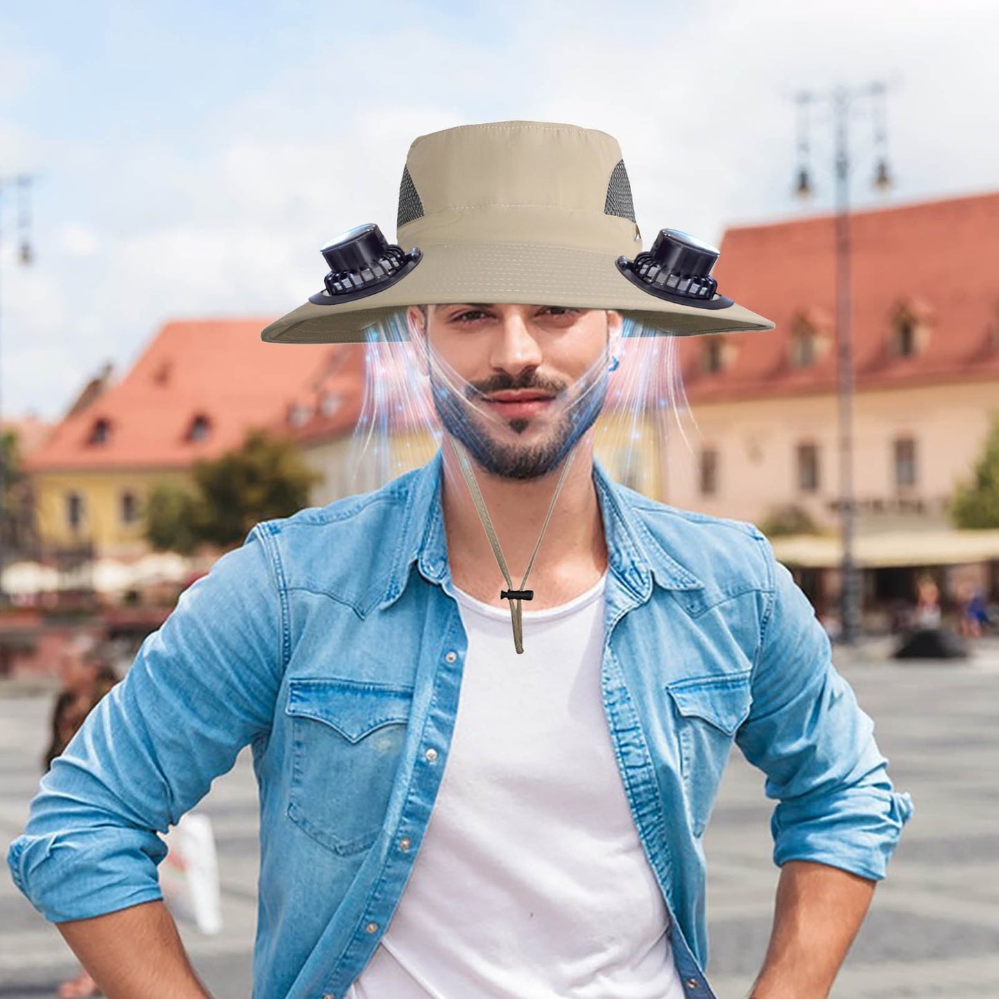 PALIFEUR Wide Brim Solar Fan Hat with 2 Solar Fan, Fan Built in Hat with Fans Solar Power, Solar Powered Fan Hat for Outdoor Fishing Travel, 3 Speed Adjustable Fan Hat White