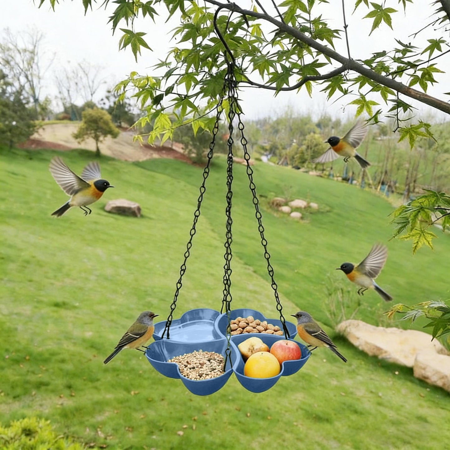 PALIFEUR Bird Feeders for Outdoors Hanging Bird Feeder Wild Birds Feeder, Birdfeeders Outside Hanging, Wild Small Large Bowl Feeders for Garden (Diameter 15.7", Hight 1.97") Q_Blue