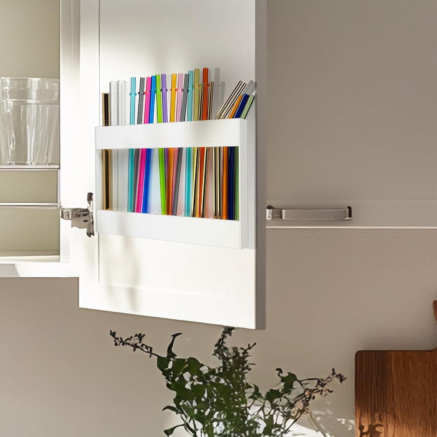 Tyidzon Acrylic Straw Holder for Cabinet, Reusable Tumbler Straw Organizer Storage Container Straw Holder for Counter Cabinet Cupboard Kitchen White