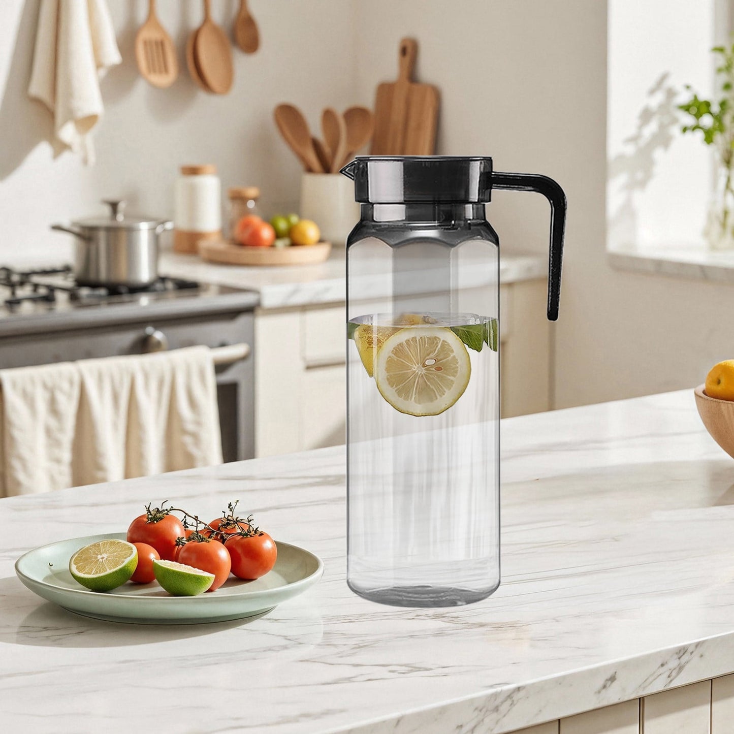 PALIFEUR Water Pitcher with Lid, 2 L Plastic Pitcher for Tea & Juice Water, Hot/Cold Water Jug, Tea Pitcher, Juice Pitcher, 13.5 x 7.2 x 4.7 Inch Z-2-Gray
