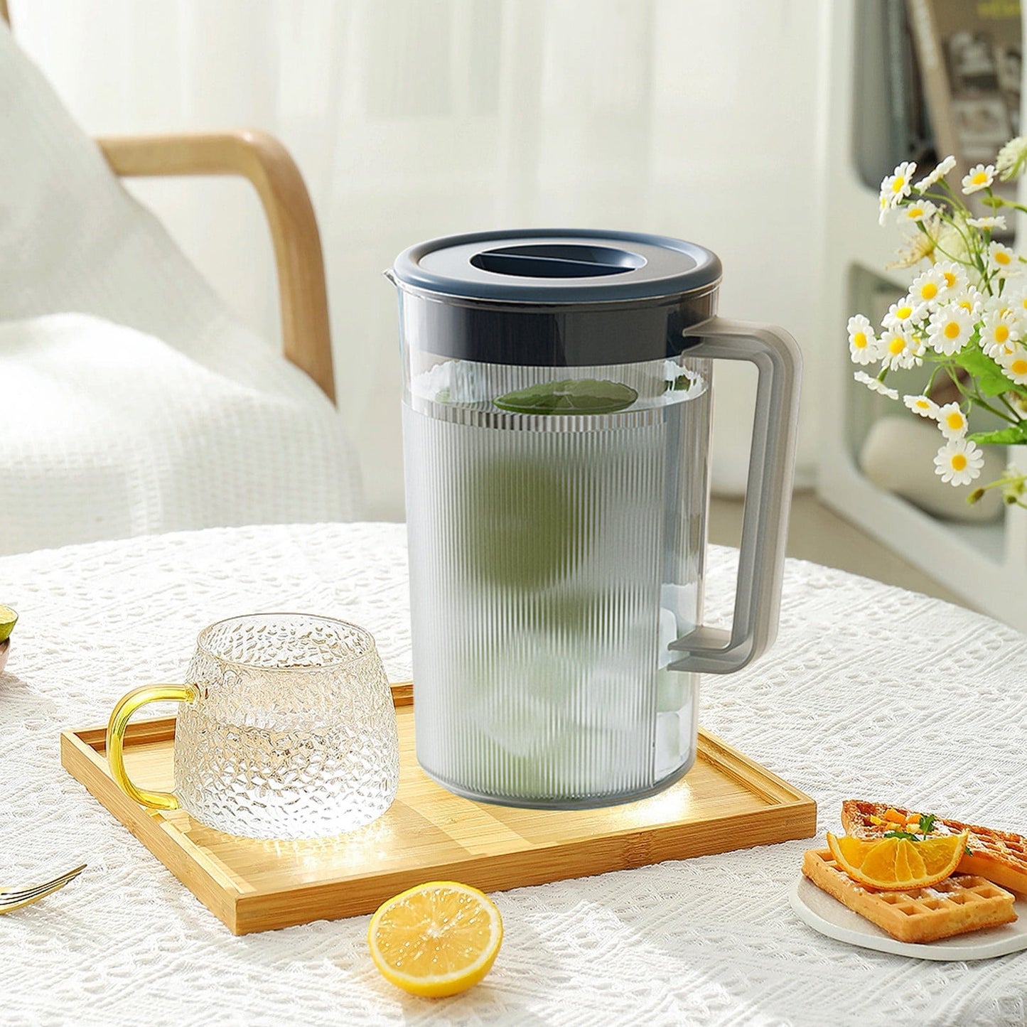 PALIFEUR Water Pitcher with Lid, 2 L Plastic Pitcher for Tea & Juice Water, Hot/Cold Water Jug, Tea Pitcher, Juice Pitcher, 13.5 x 7.2 x 4.7 Inch Z-7-Blue