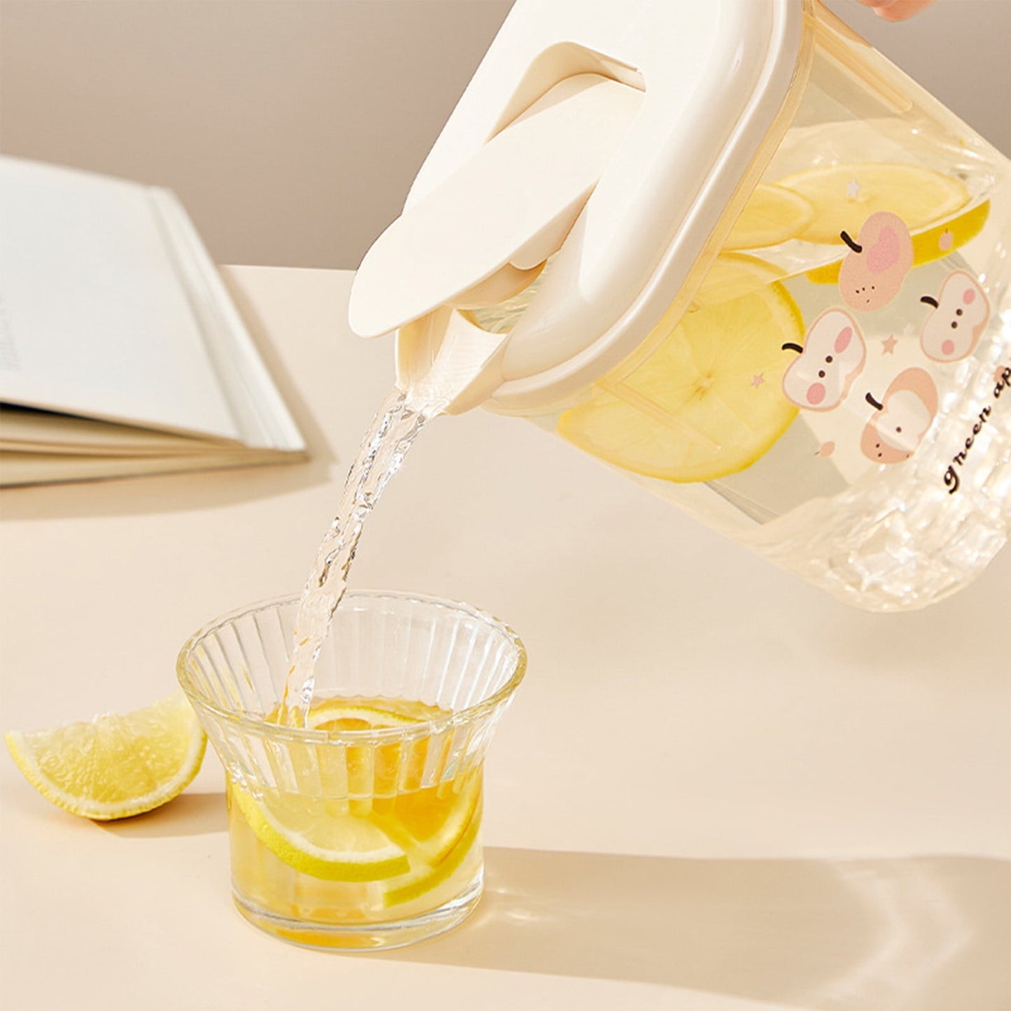 PALIFEUR Water Pitcher with Lid, 2 L Plastic Pitcher for Tea & Juice Water, Hot/Cold Water Jug, Tea Pitcher, Juice Pitcher, 13.5 x 7.2 x 4.7 Inch Z-9-Beige