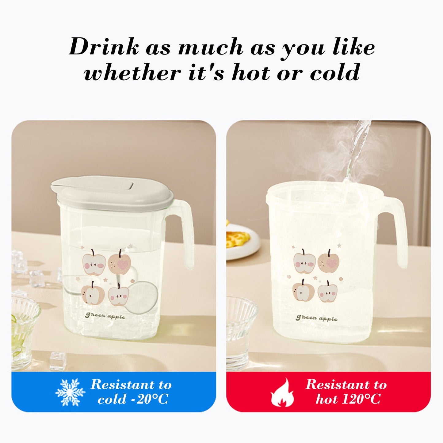 PALIFEUR Water Pitcher with Lid, 2 L Plastic Pitcher for Tea & Juice Water, Hot/Cold Water Jug, Tea Pitcher, Juice Pitcher, 13.5 x 7.2 x 4.7 Inch Z-9-Beige