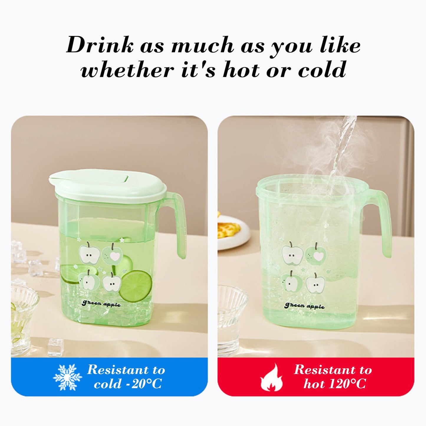 PALIFEUR Water Pitcher with Lid, 2 L Plastic Pitcher for Tea & Juice Water, Hot/Cold Water Jug, Tea Pitcher, Juice Pitcher, 13.5 x 7.2 x 4.7 Inch Z-9-Green