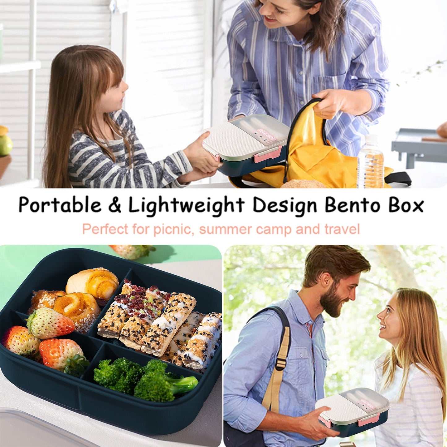 Xuniizn Bento Box Adult Lunch Box, Containers for Adults Men Women, Lunchable Food Container with Utensils, Sauce Jar, Muffin Liners, Microwave & Dishwasher Safe Blue#3