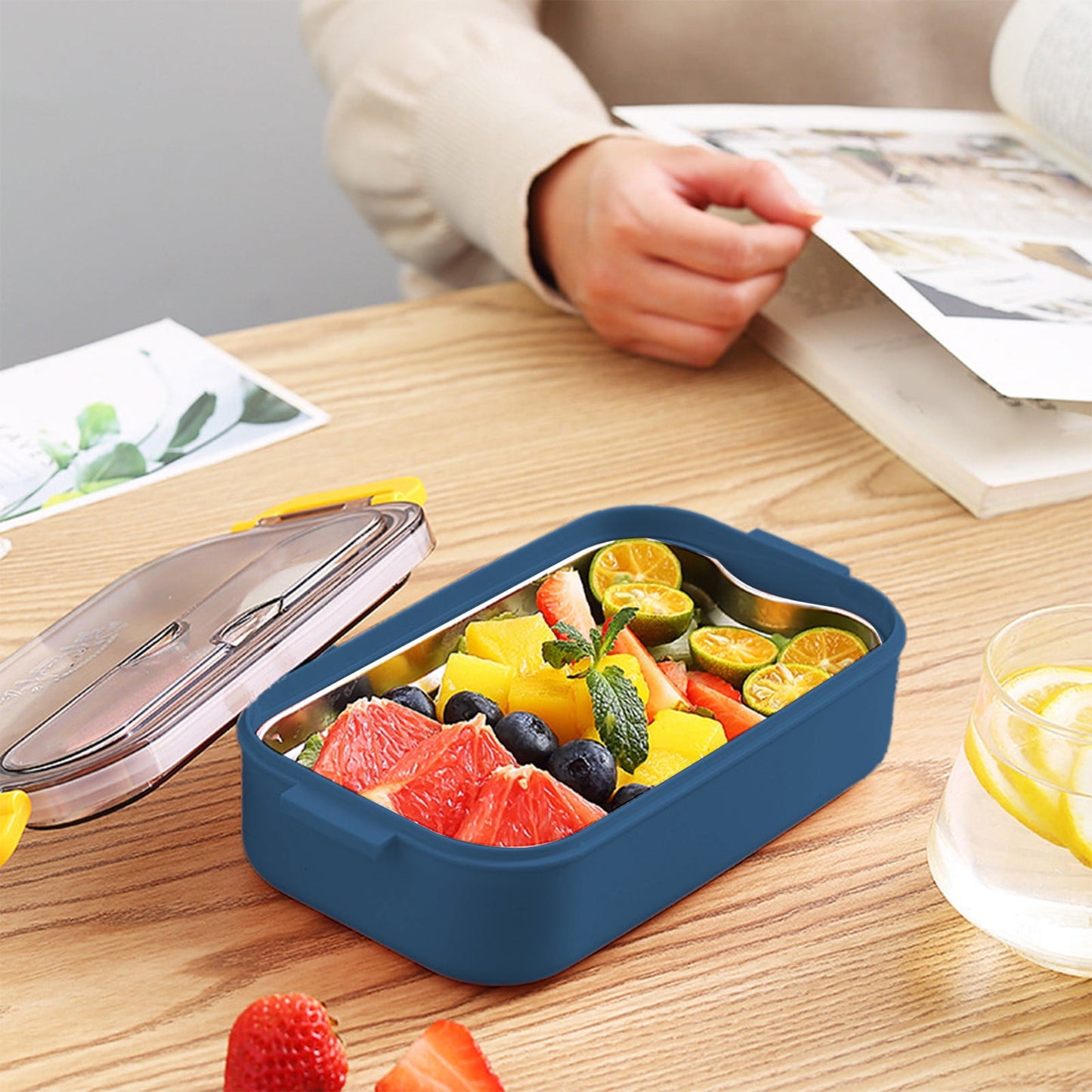 Xuniizn Bento Box Adult Lunch Box, Containers for Adults Men Women, Lunchable Food Container with Utensils, Sauce Jar, Muffin Liners, Microwave & Dishwasher Safe Blue#9