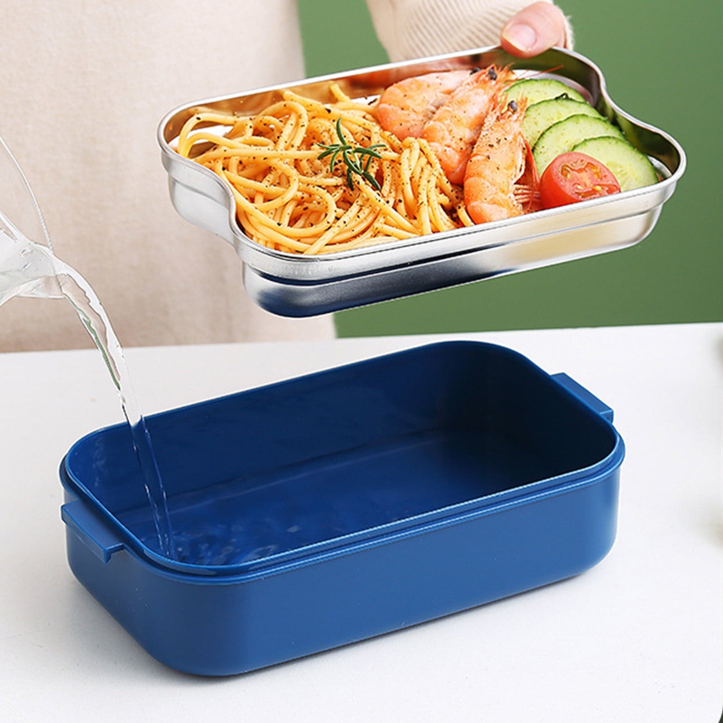 Xuniizn Bento Box Adult Lunch Box, Containers for Adults Men Women, Lunchable Food Container with Utensils, Sauce Jar, Muffin Liners, Microwave & Dishwasher Safe Blue#9