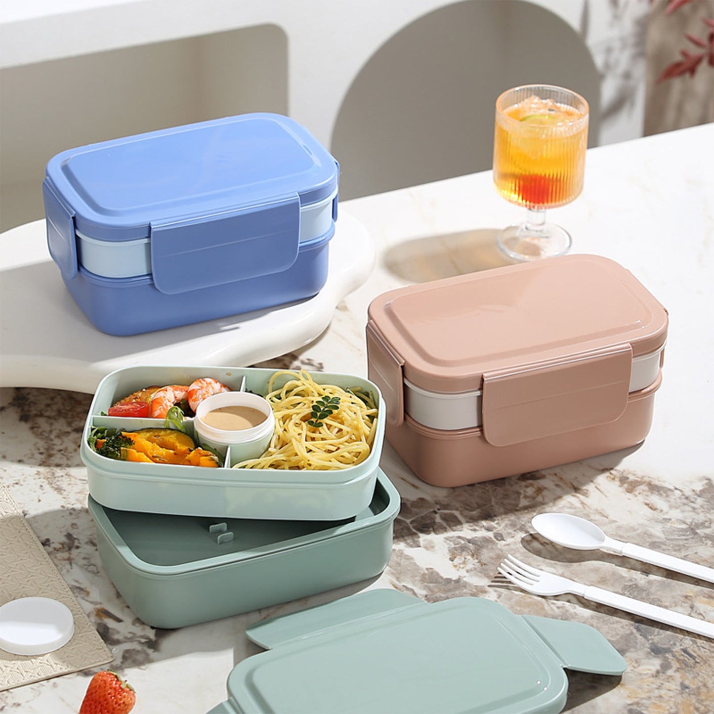 Xuniizn Bento Box Adult Lunch Box, Containers for Adults Men Women, Lunchable Food Container with Utensils, Sauce Jar, Muffin Liners, Microwave & Dishwasher Safe Brown