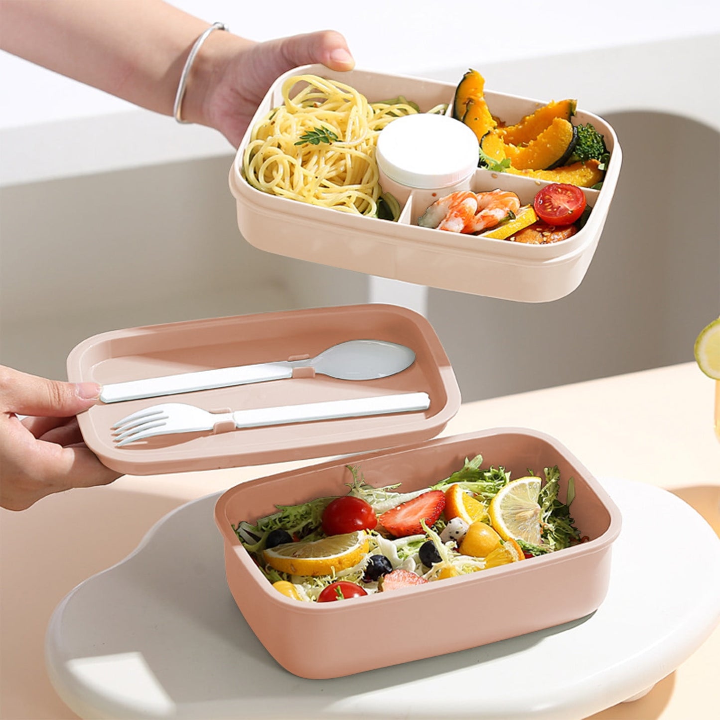 Xuniizn Bento Box Adult Lunch Box, Containers for Adults Men Women, Lunchable Food Container with Utensils, Sauce Jar, Muffin Liners, Microwave & Dishwasher Safe Brown