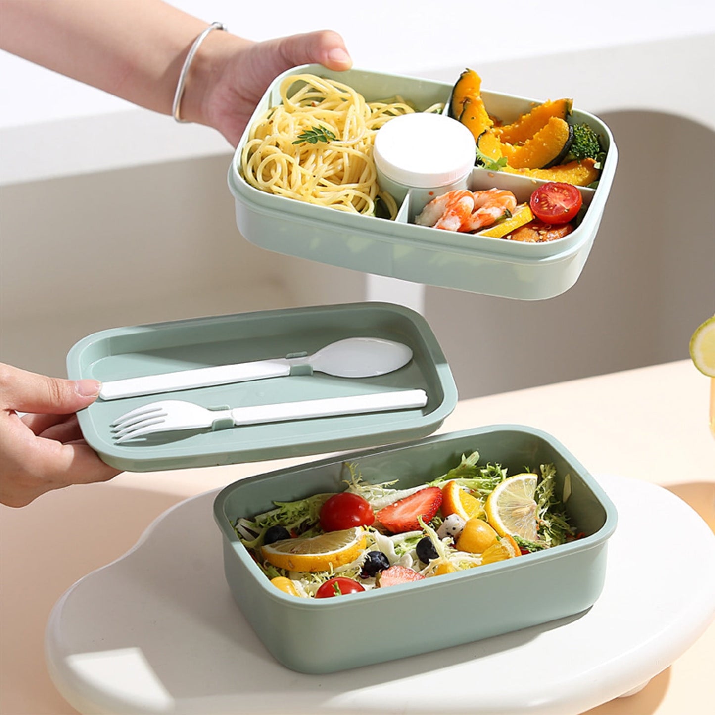 Xuniizn Bento Box Adult Lunch Box, Containers for Adults Men Women, Lunchable Food Container with Utensils, Sauce Jar, Muffin Liners, Microwave & Dishwasher Safe Green#3