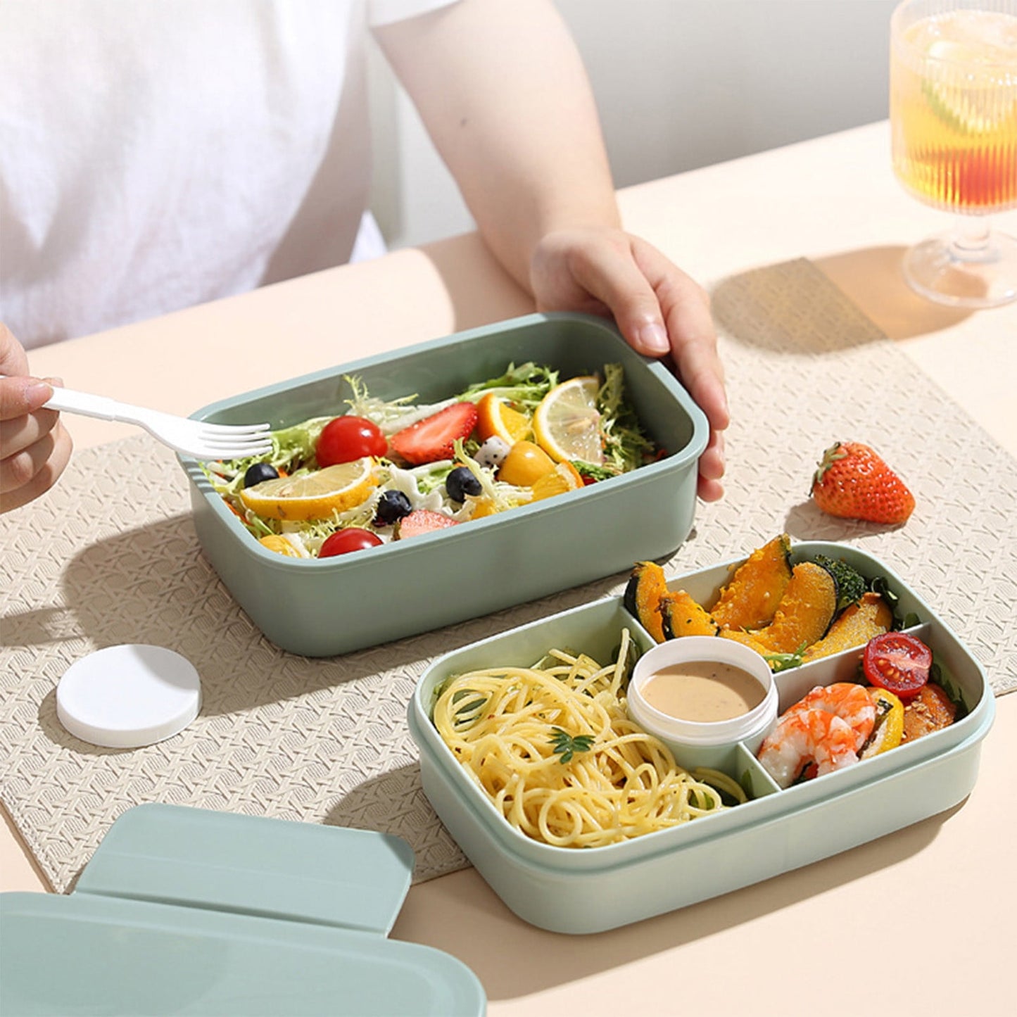 Xuniizn Bento Box Adult Lunch Box, Containers for Adults Men Women, Lunchable Food Container with Utensils, Sauce Jar, Muffin Liners, Microwave & Dishwasher Safe Green#3