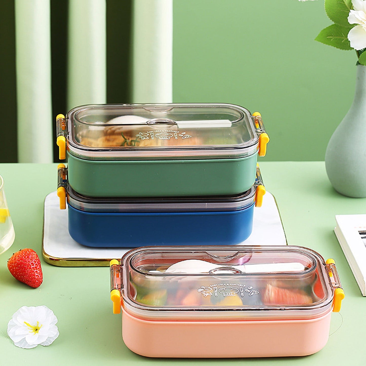 Xuniizn Bento Box Adult Lunch Box, Containers for Adults Men Women, Lunchable Food Container with Utensils, Sauce Jar, Muffin Liners, Microwave & Dishwasher Safe Green#5