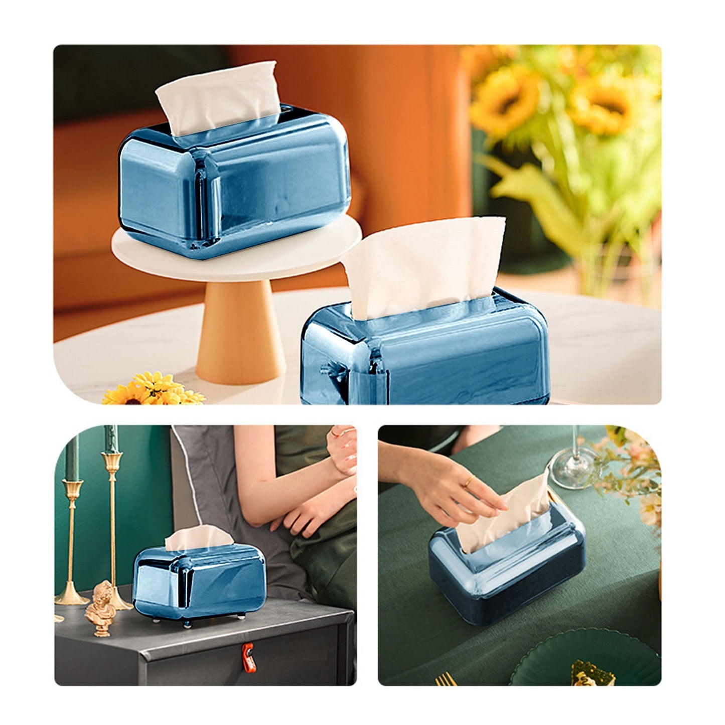 Xuniizn Tissue Box Cover Square 6x4x5" - Acrylic Tissue Box Holder, Elegant Tissue Holder & Napkin Dispenser for Home - Modern Kleenex Box Covers for Office, Restaurant, Gold Blue(6.3x3.94x4.72")