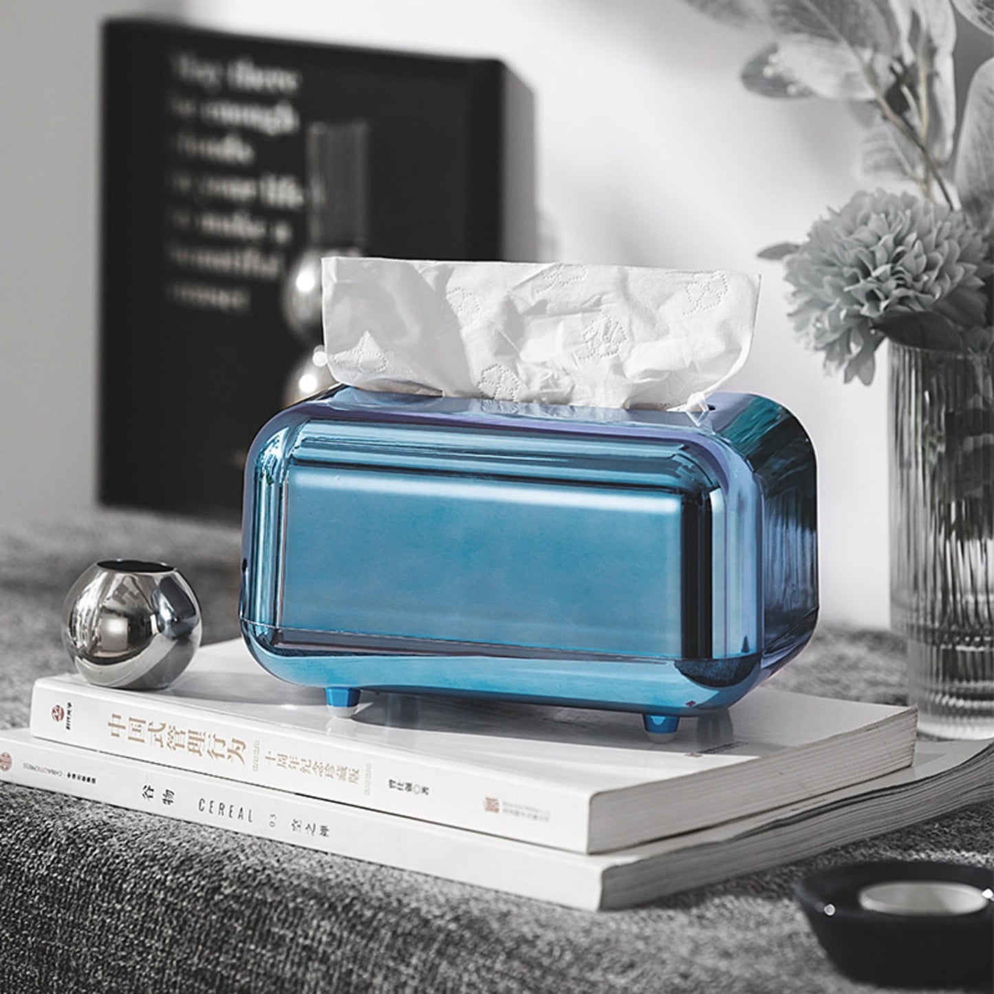 Xuniizn Tissue Box Cover Square 6x4x5" - Acrylic Tissue Box Holder, Elegant Tissue Holder & Napkin Dispenser for Home - Modern Kleenex Box Covers for Office, Restaurant, Gold Blue(6.3x3.94x4.72")