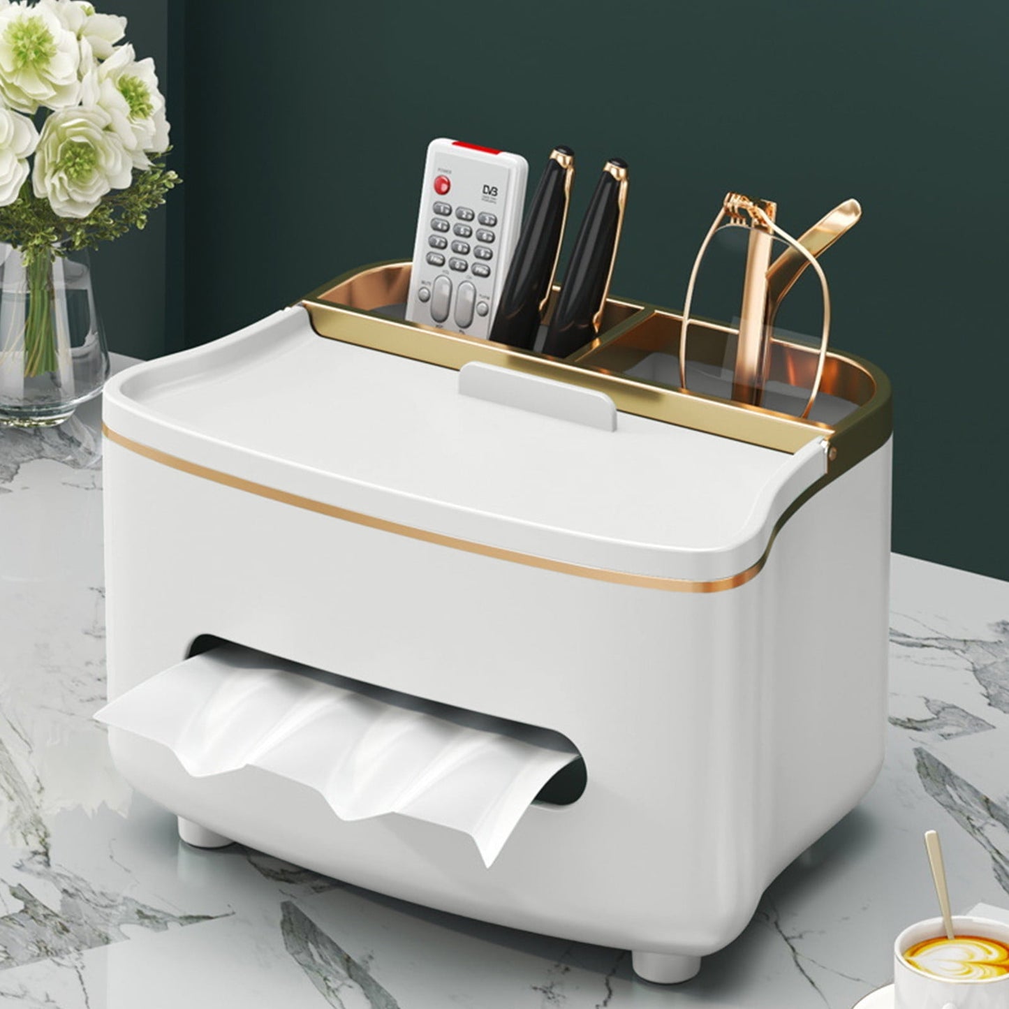 Xuniizn Tissue Box Cover Square 6x4x5" - Acrylic Tissue Box Holder, Elegant Tissue Holder & Napkin Dispenser for Home - Modern Kleenex Box Covers for Office, Restaurant, Gold White(8.46x6.1x4.92")