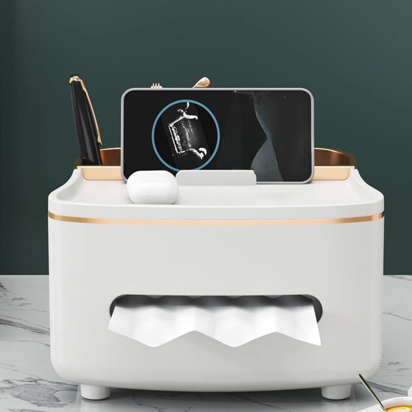 Xuniizn Tissue Box Cover Square 6x4x5" - Acrylic Tissue Box Holder, Elegant Tissue Holder & Napkin Dispenser for Home - Modern Kleenex Box Covers for Office, Restaurant, Gold White(8.46x6.1x4.92")