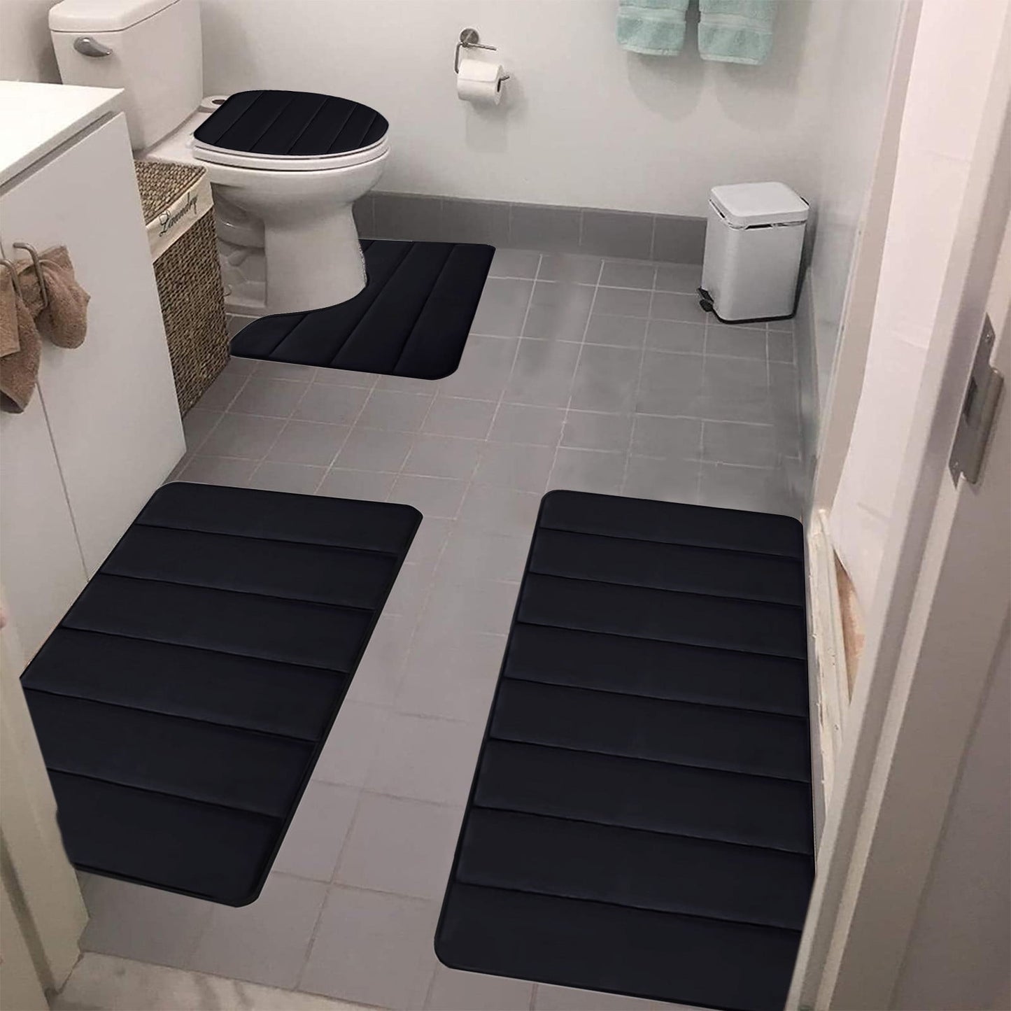 Xuniizn Bathroom Rugs Sets 4 Piece, Bath Mat Set and Oval Toilet Base with Rubber Backing, Plush Absorbent Shaggy Chenille Washable Mats, Includes 16x24", 16x20", 15x17" and 15x19" Rugs, Blue Black