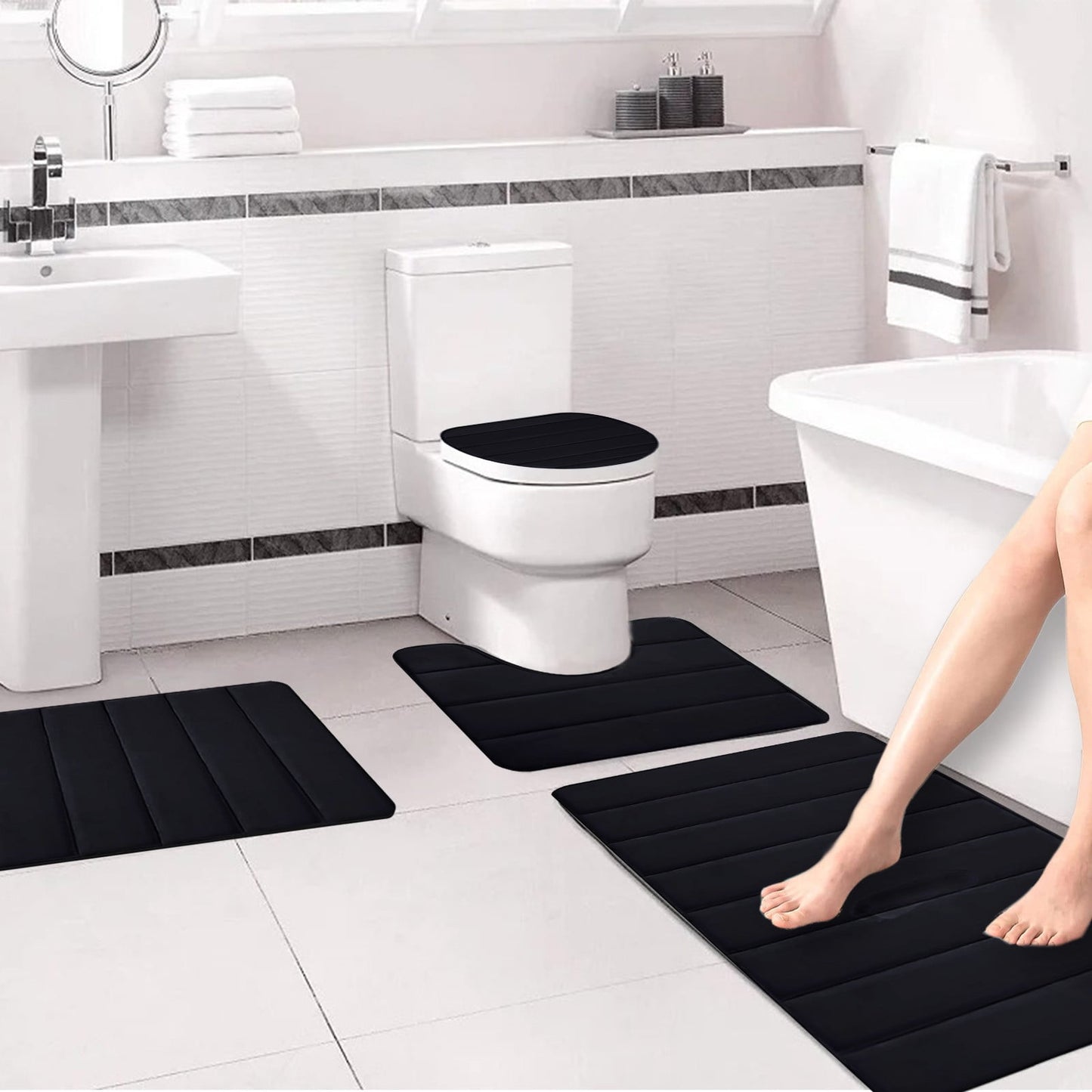 Xuniizn Bathroom Rugs Sets 4 Piece, Bath Mat Set and Oval Toilet Base with Rubber Backing, Plush Absorbent Shaggy Chenille Washable Mats, Includes 16x24", 16x20", 15x17" and 15x19" Rugs, Blue Black