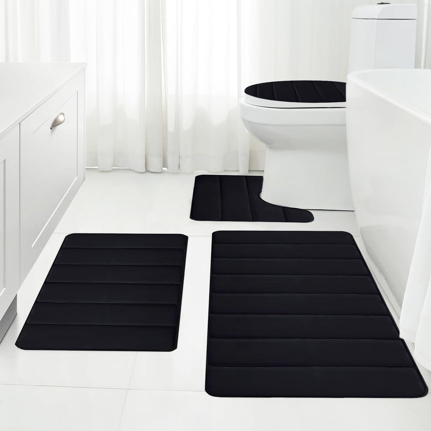 Xuniizn Bathroom Rugs Sets 4 Piece, Bath Mat Set and Oval Toilet Base with Rubber Backing, Plush Absorbent Shaggy Chenille Washable Mats, Includes 16x24", 16x20", 15x17" and 15x19" Rugs, Blue Black