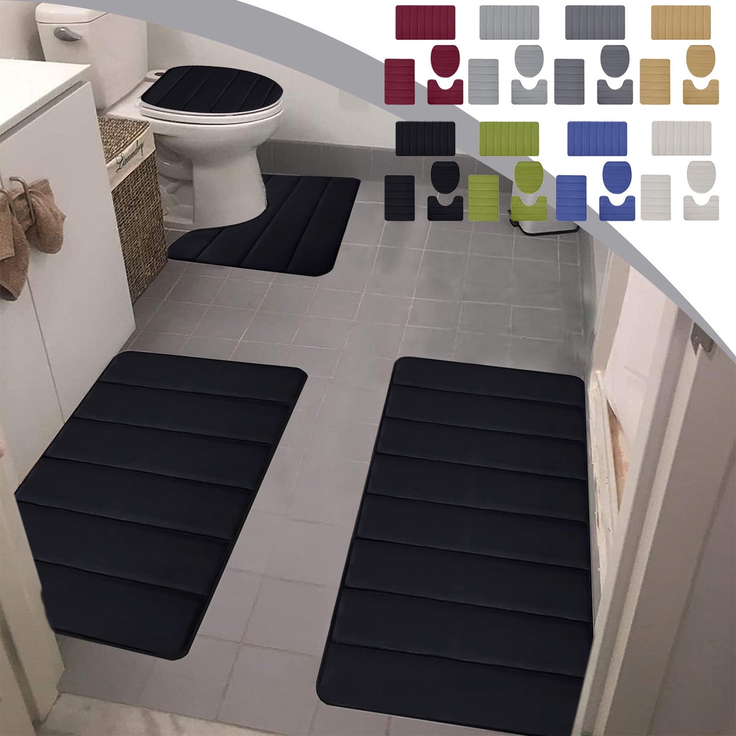 Xuniizn Bathroom Rugs Sets 4 Piece, Bath Mat Set and Oval Toilet Base with Rubber Backing, Plush Absorbent Shaggy Chenille Washable Mats, Includes 16x24", 16x20", 15x17" and 15x19" Rugs Blue