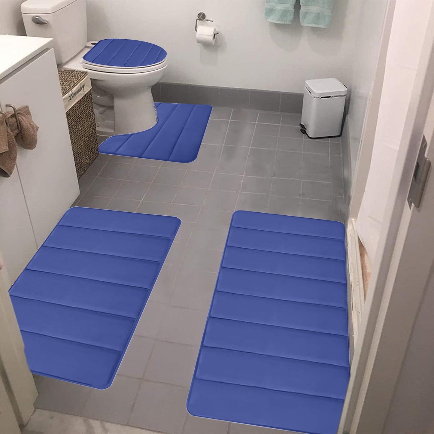 Xuniizn Bathroom Rugs Sets 4 Piece, Bath Mat Set and Oval Toilet Base with Rubber Backing, Plush Absorbent Shaggy Chenille Washable Mats, Includes 16x24", 16x20", 15x17" and 15x19" Rugs Blue