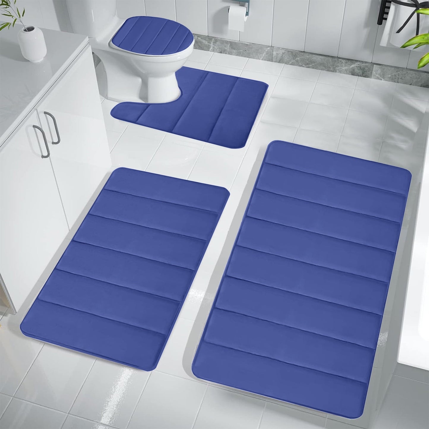 Xuniizn Bathroom Rugs Sets 4 Piece, Bath Mat Set and Oval Toilet Base with Rubber Backing, Plush Absorbent Shaggy Chenille Washable Mats, Includes 16x24", 16x20", 15x17" and 15x19" Rugs Blue