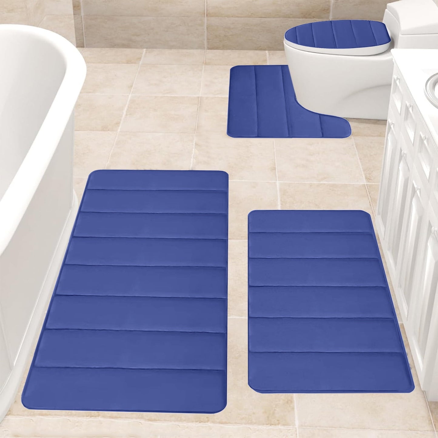 Xuniizn Bathroom Rugs Sets 4 Piece, Bath Mat Set and Oval Toilet Base with Rubber Backing, Plush Absorbent Shaggy Chenille Washable Mats, Includes 16x24", 16x20", 15x17" and 15x19" Rugs Blue