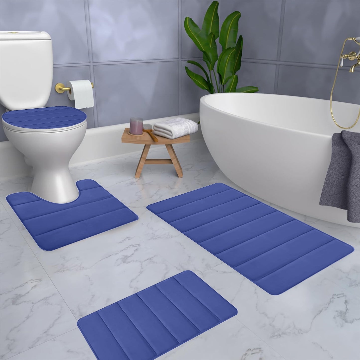 Xuniizn Bathroom Rugs Sets 4 Piece, Bath Mat Set and Oval Toilet Base with Rubber Backing, Plush Absorbent Shaggy Chenille Washable Mats, Includes 16x24", 16x20", 15x17" and 15x19" Rugs Blue