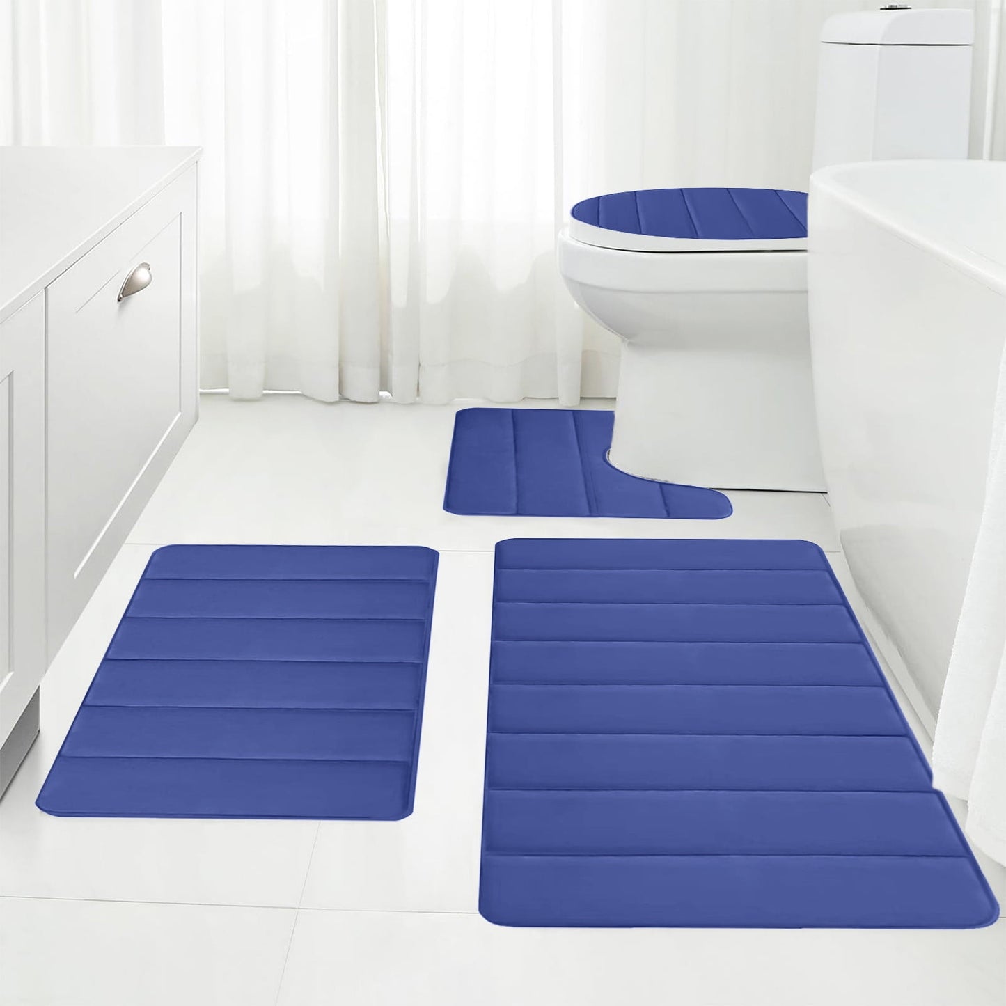 Xuniizn Bathroom Rugs Sets 4 Piece, Bath Mat Set and Oval Toilet Base with Rubber Backing, Plush Absorbent Shaggy Chenille Washable Mats, Includes 16x24", 16x20", 15x17" and 15x19" Rugs Blue
