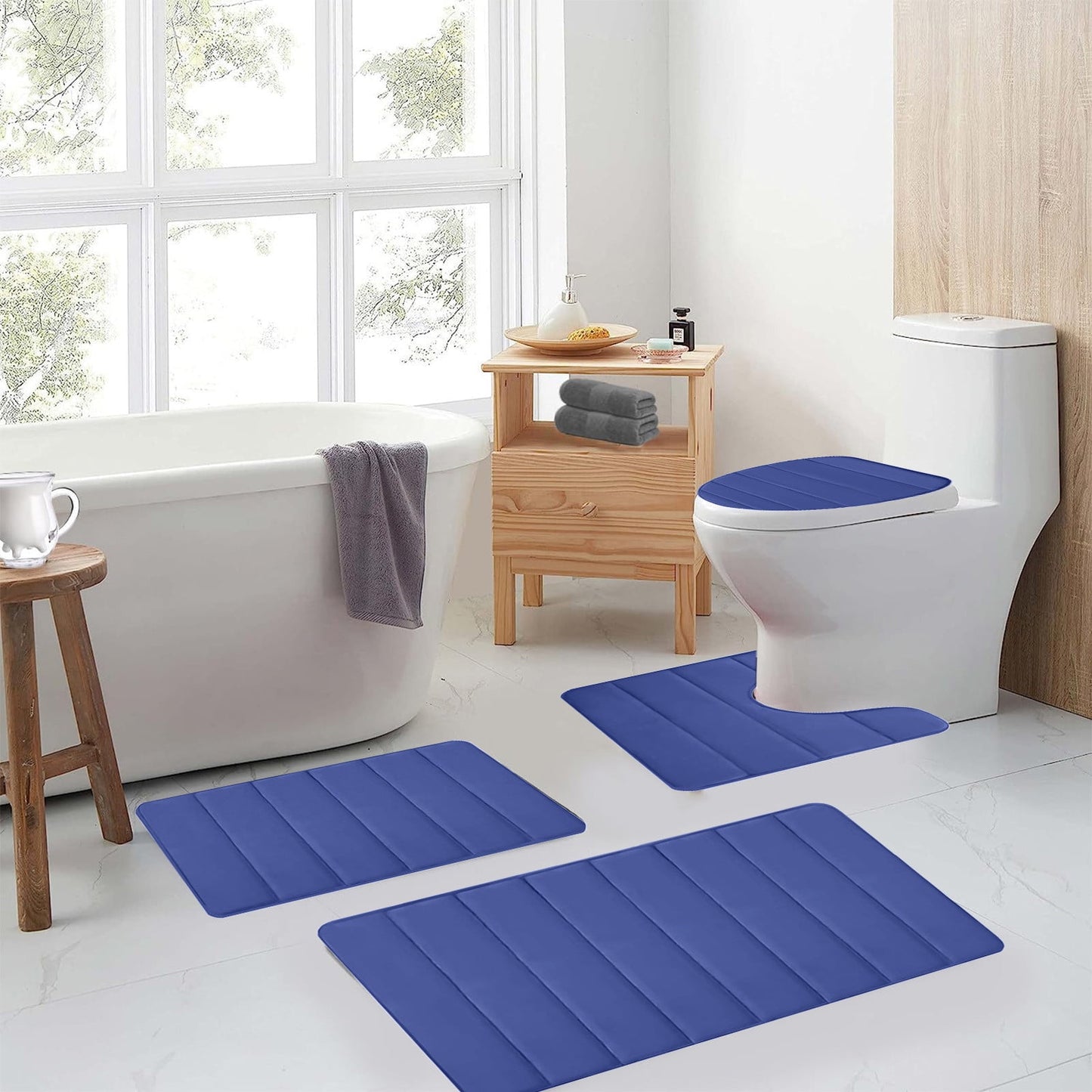 Xuniizn Bathroom Rugs Sets 4 Piece, Bath Mat Set and Oval Toilet Base with Rubber Backing, Plush Absorbent Shaggy Chenille Washable Mats, Includes 16x24", 16x20", 15x17" and 15x19" Rugs Blue
