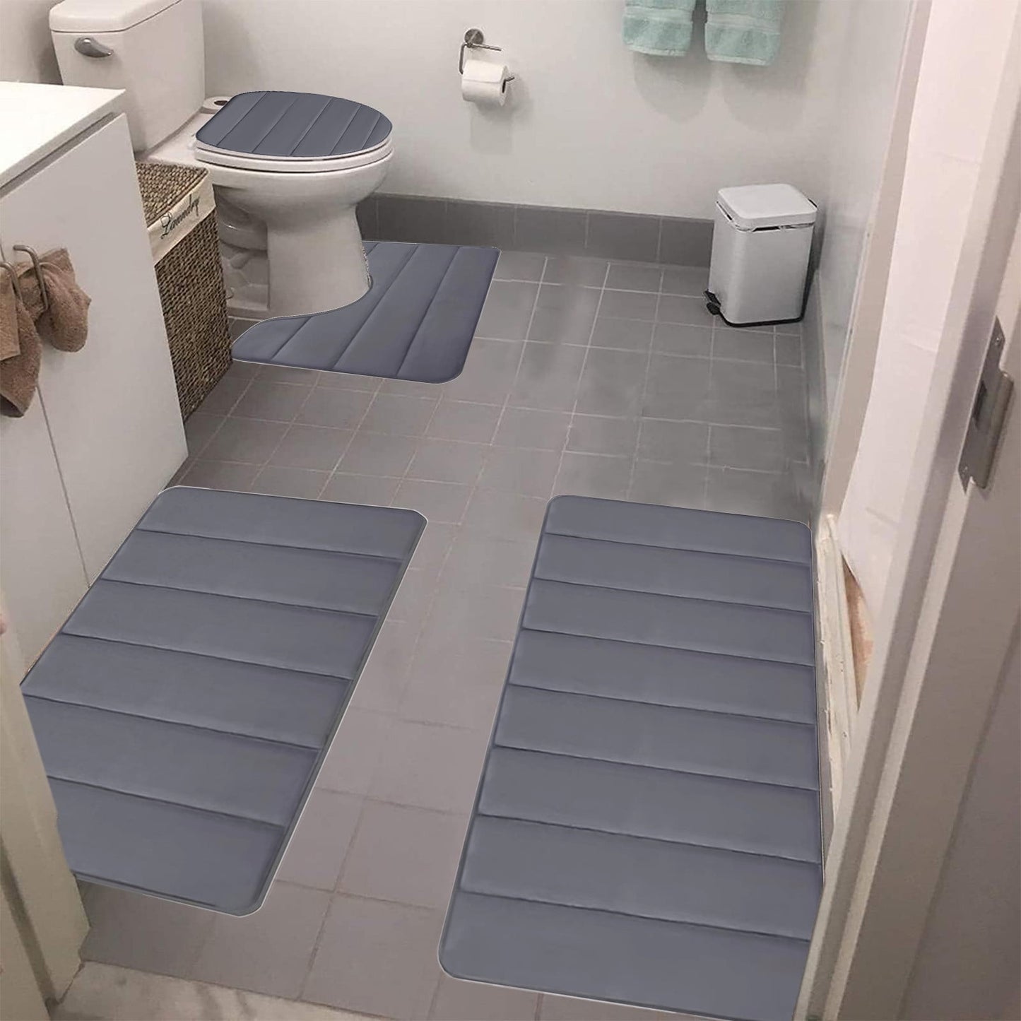 Xuniizn Bathroom Rugs Sets 4 Piece, Bath Mat Set and Oval Toilet Base with Rubber Backing, Plush Absorbent Shaggy Chenille Washable Mats, Includes 16x24", 16x20", 15x17" and 15x19" Rugs, Blue Dark Gray