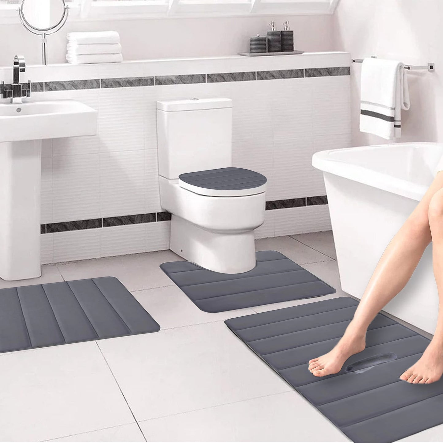 Xuniizn Bathroom Rugs Sets 4 Piece, Bath Mat Set and Oval Toilet Base with Rubber Backing, Plush Absorbent Shaggy Chenille Washable Mats, Includes 16x24", 16x20", 15x17" and 15x19" Rugs, Blue Dark Gray