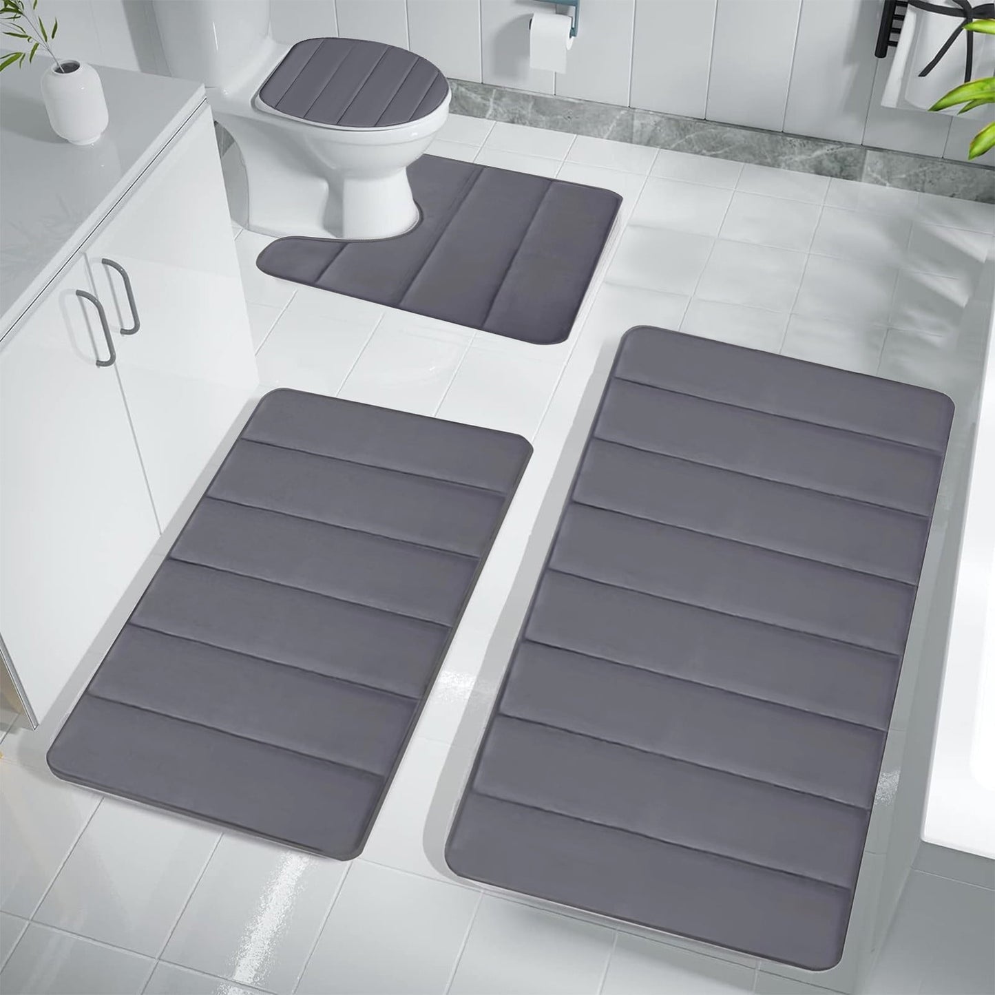 Xuniizn Bathroom Rugs Sets 4 Piece, Bath Mat Set and Oval Toilet Base with Rubber Backing, Plush Absorbent Shaggy Chenille Washable Mats, Includes 16x24", 16x20", 15x17" and 15x19" Rugs, Blue Dark Gray