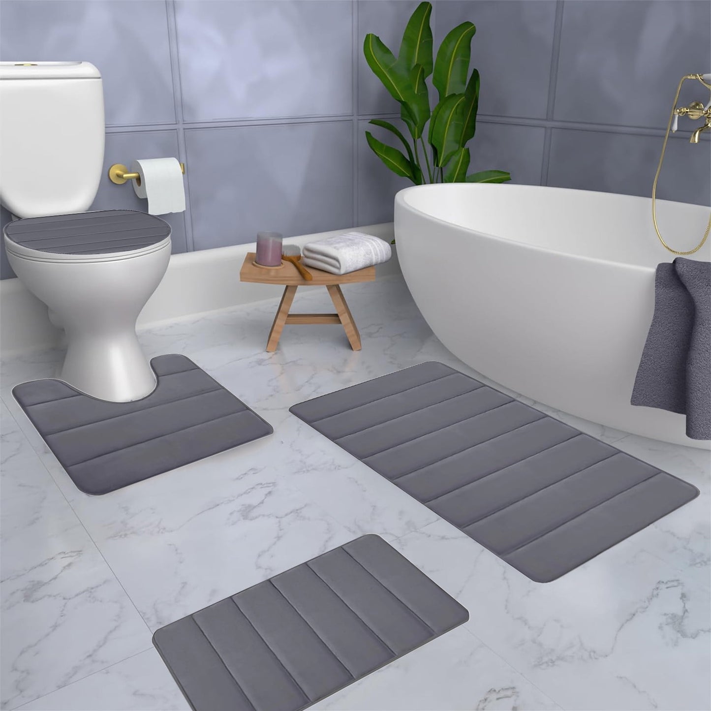 Xuniizn Bathroom Rugs Sets 4 Piece, Bath Mat Set and Oval Toilet Base with Rubber Backing, Plush Absorbent Shaggy Chenille Washable Mats, Includes 16x24", 16x20", 15x17" and 15x19" Rugs, Blue Dark Gray