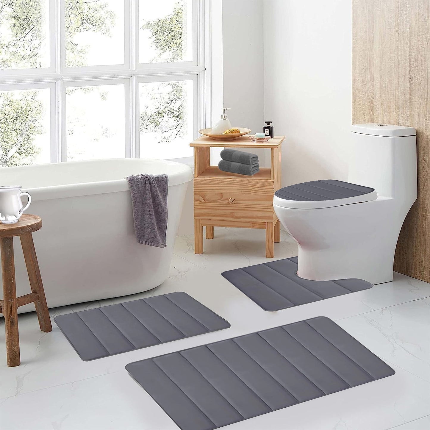 Xuniizn Bathroom Rugs Sets 4 Piece, Bath Mat Set and Oval Toilet Base with Rubber Backing, Plush Absorbent Shaggy Chenille Washable Mats, Includes 16x24", 16x20", 15x17" and 15x19" Rugs, Blue Dark Gray