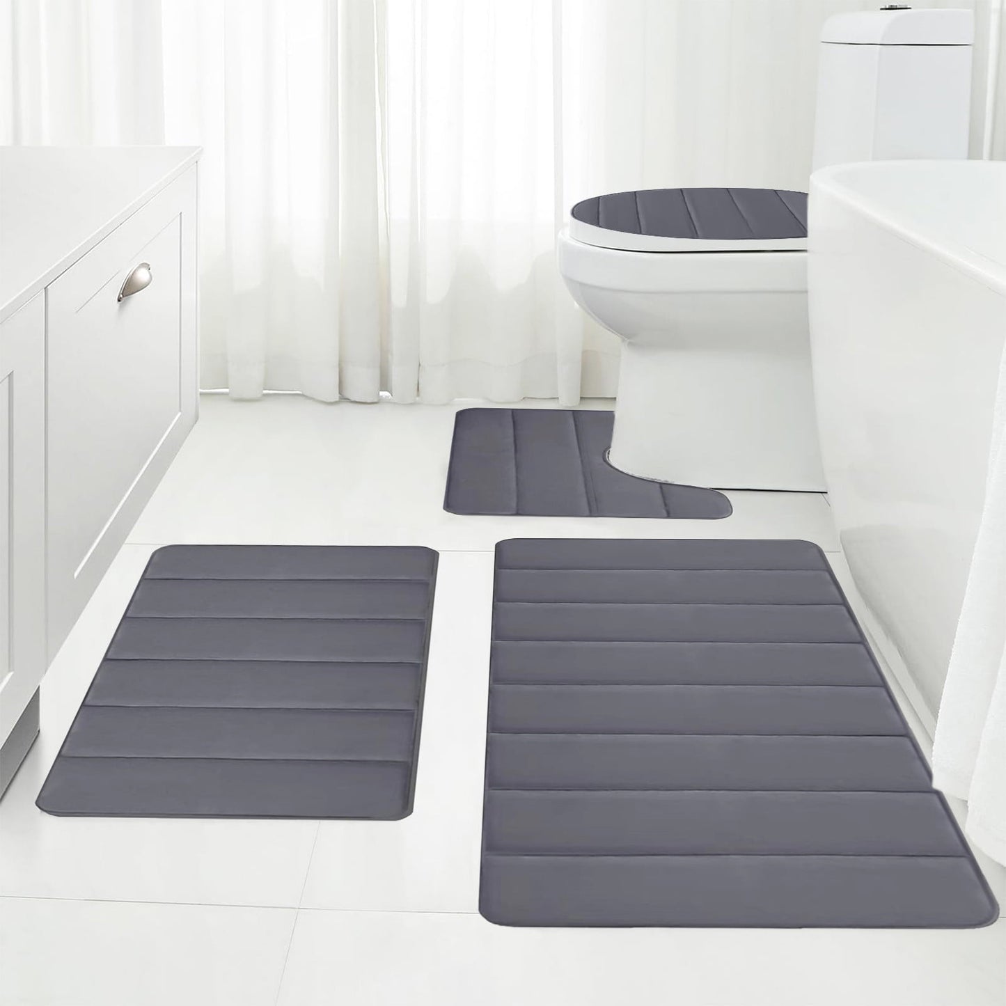Xuniizn Bathroom Rugs Sets 4 Piece, Bath Mat Set and Oval Toilet Base with Rubber Backing, Plush Absorbent Shaggy Chenille Washable Mats, Includes 16x24", 16x20", 15x17" and 15x19" Rugs, Blue Dark Gray