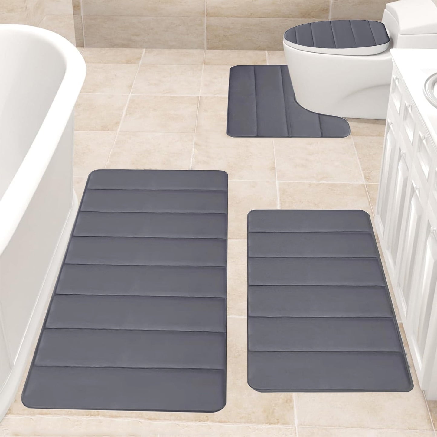 Xuniizn Bathroom Rugs Sets 4 Piece, Bath Mat Set and Oval Toilet Base with Rubber Backing, Plush Absorbent Shaggy Chenille Washable Mats, Includes 16x24", 16x20", 15x17" and 15x19" Rugs, Blue Dark Gray