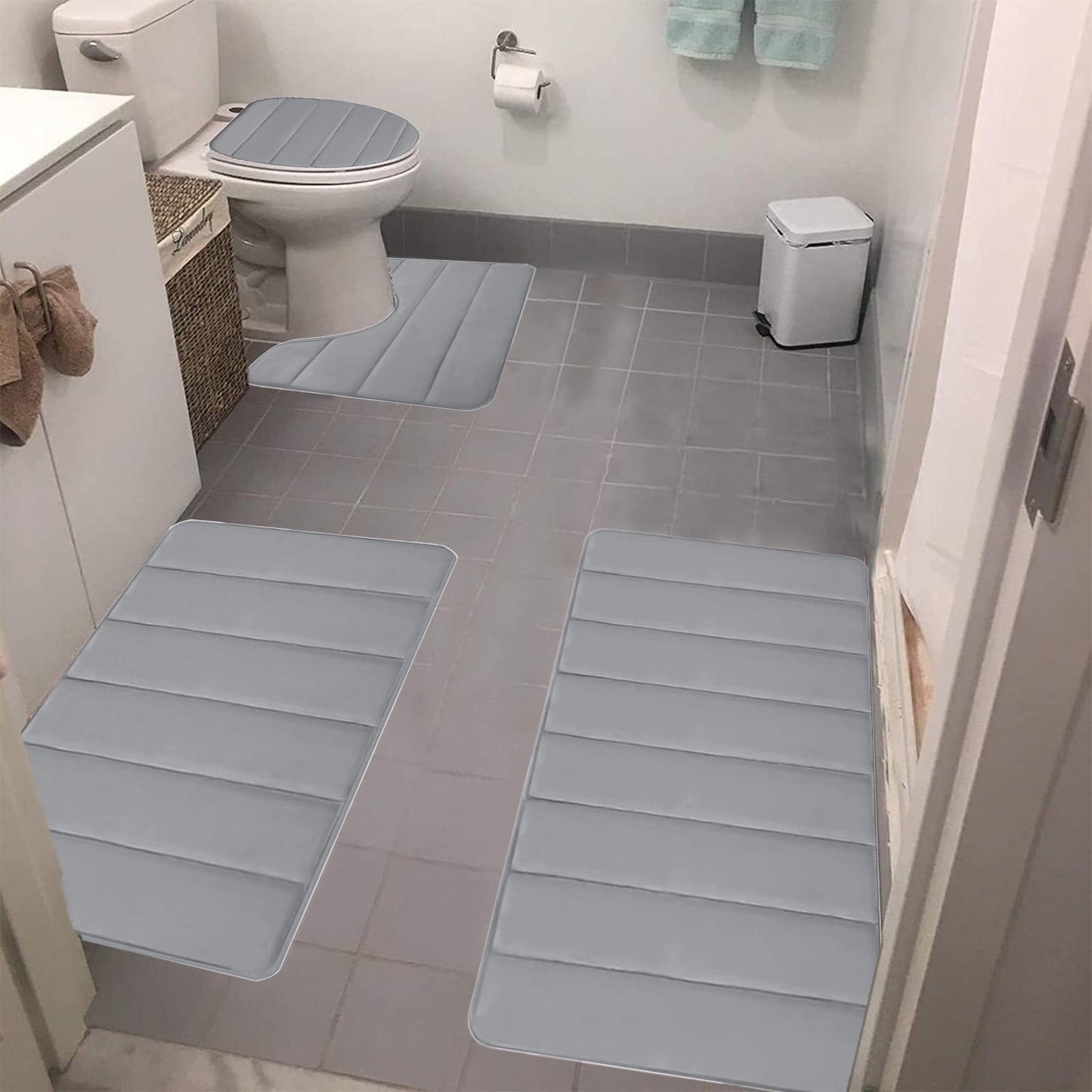 Xuniizn Bathroom Rugs Sets 4 Piece, Bath Mat Set and Oval Toilet Base with Rubber Backing, Plush Absorbent Shaggy Chenille Washable Mats, Includes 16x24", 16x20", 15x17" and 15x19" Rugs, Blue Gray