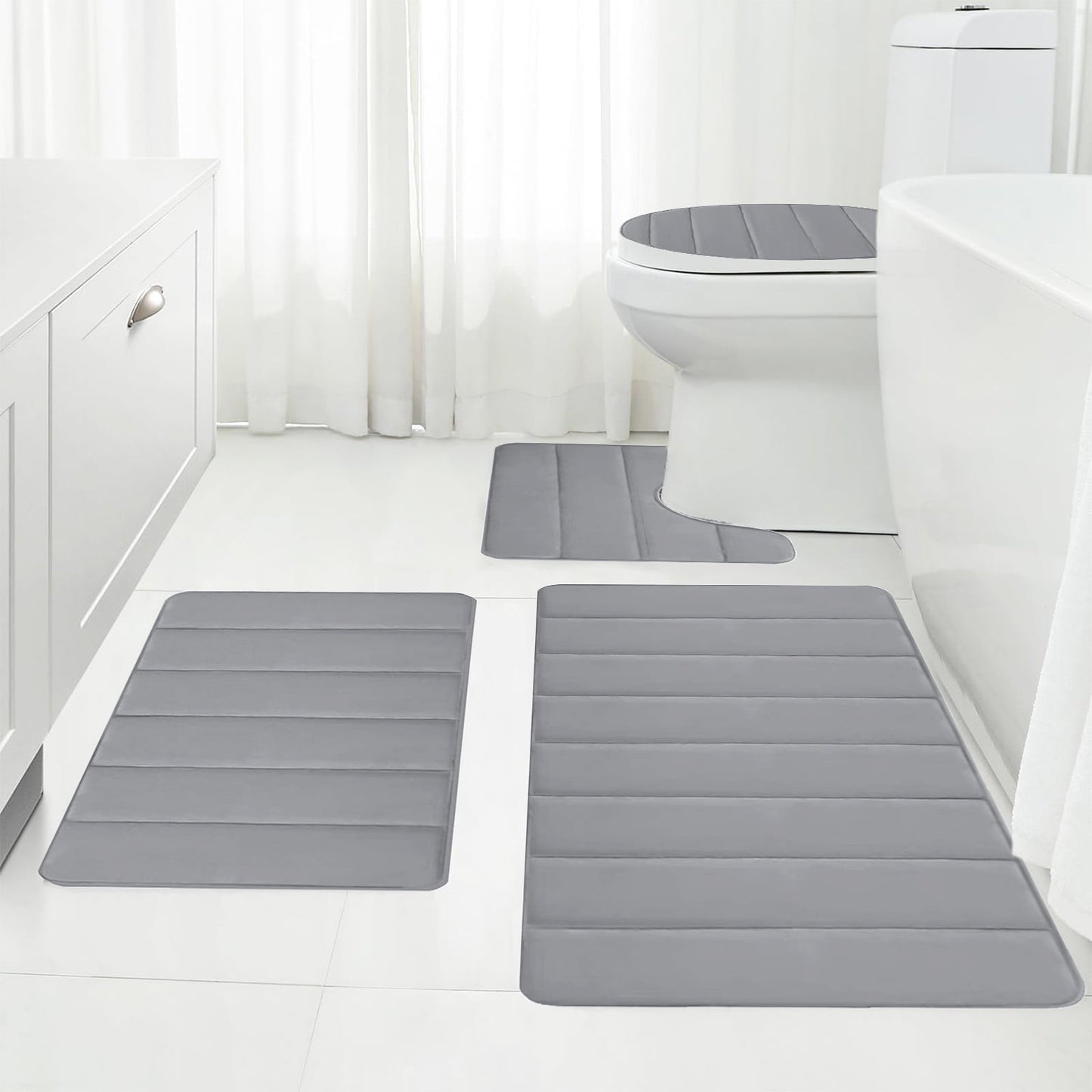Xuniizn Bathroom Rugs Sets 4 Piece, Bath Mat Set and Oval Toilet Base with Rubber Backing, Plush Absorbent Shaggy Chenille Washable Mats, Includes 16x24", 16x20", 15x17" and 15x19" Rugs, Blue Gray