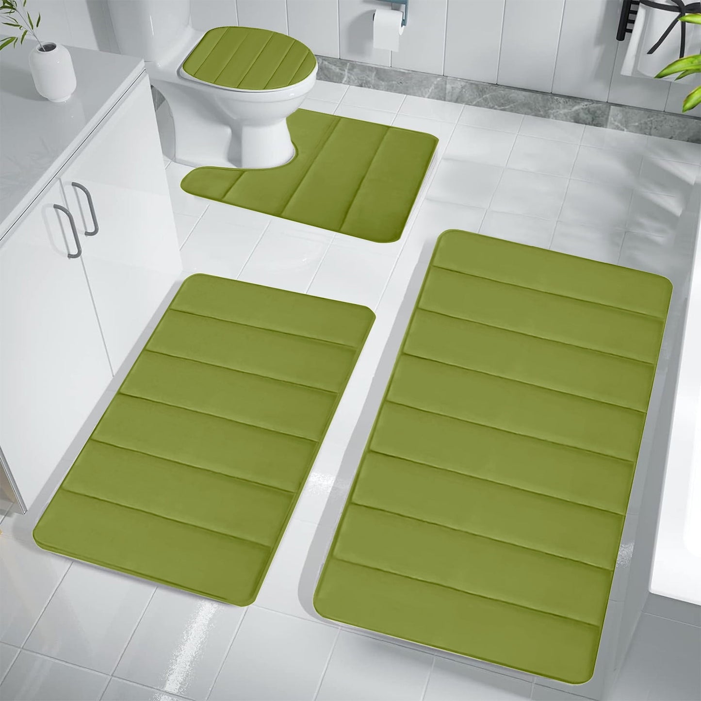 Xuniizn Bathroom Rugs Sets 4 Piece, Bath Mat Set and Oval Toilet Base with Rubber Backing, Plush Absorbent Shaggy Chenille Washable Mats, Includes 16x24", 16x20", 15x17" and 15x19" Rugs, Blue Green