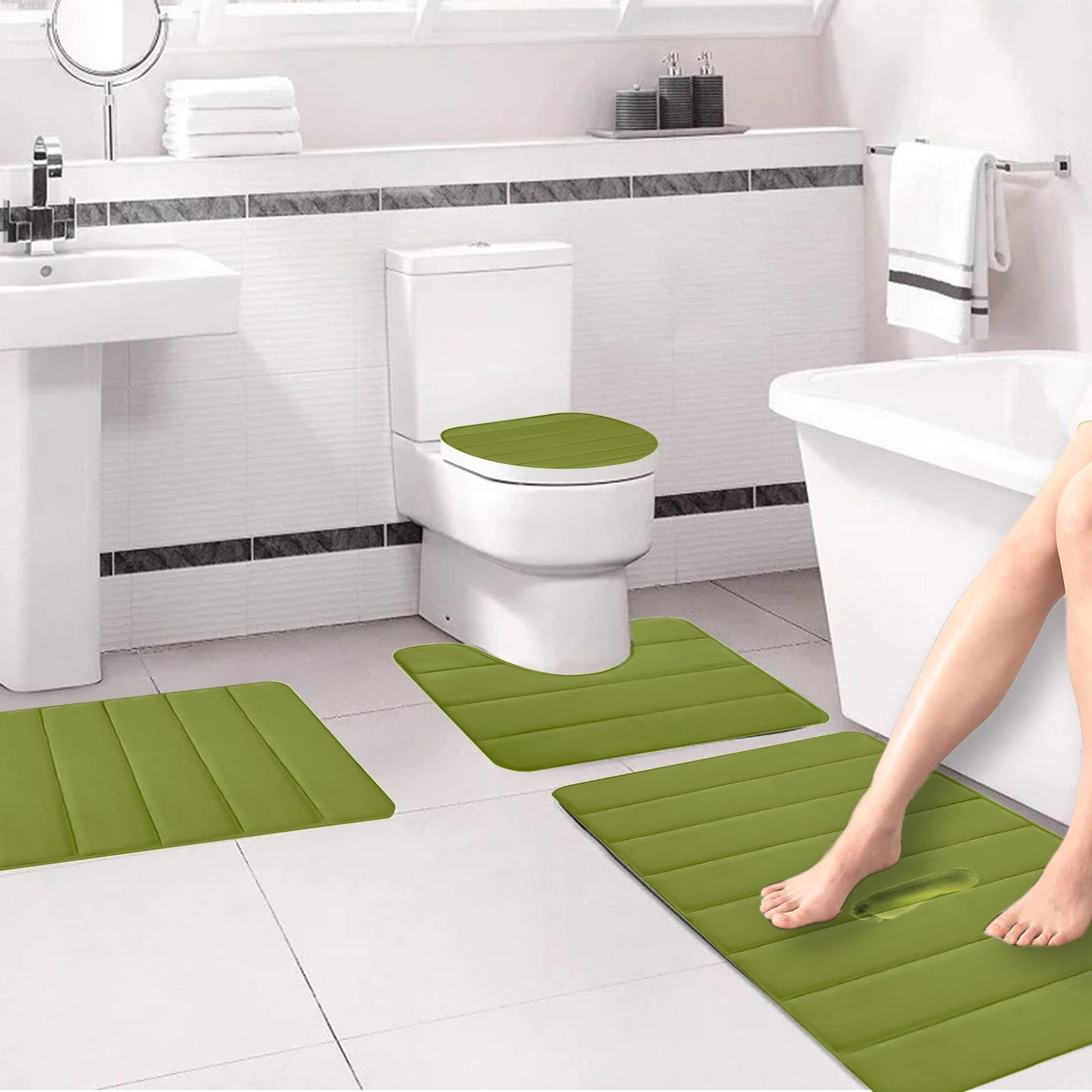 Xuniizn Bathroom Rugs Sets 4 Piece, Bath Mat Set and Oval Toilet Base with Rubber Backing, Plush Absorbent Shaggy Chenille Washable Mats, Includes 16x24", 16x20", 15x17" and 15x19" Rugs, Blue Green
