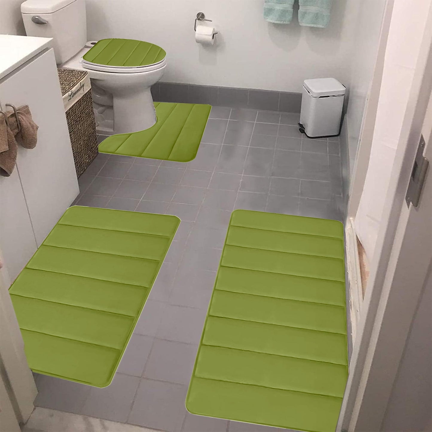 Xuniizn Bathroom Rugs Sets 4 Piece, Bath Mat Set and Oval Toilet Base with Rubber Backing, Plush Absorbent Shaggy Chenille Washable Mats, Includes 16x24", 16x20", 15x17" and 15x19" Rugs, Blue Green