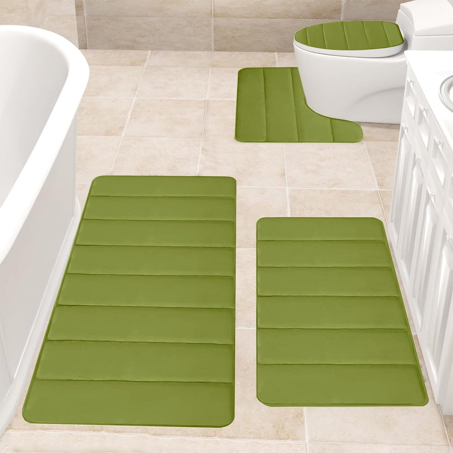 Xuniizn Bathroom Rugs Sets 4 Piece, Bath Mat Set and Oval Toilet Base with Rubber Backing, Plush Absorbent Shaggy Chenille Washable Mats, Includes 16x24", 16x20", 15x17" and 15x19" Rugs, Blue Green
