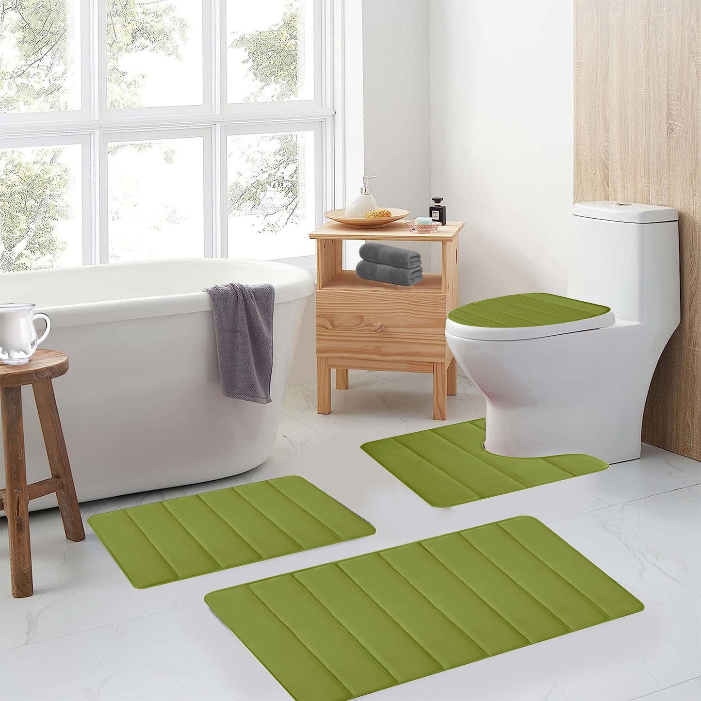 Xuniizn Bathroom Rugs Sets 4 Piece, Bath Mat Set and Oval Toilet Base with Rubber Backing, Plush Absorbent Shaggy Chenille Washable Mats, Includes 16x24", 16x20", 15x17" and 15x19" Rugs, Blue Green