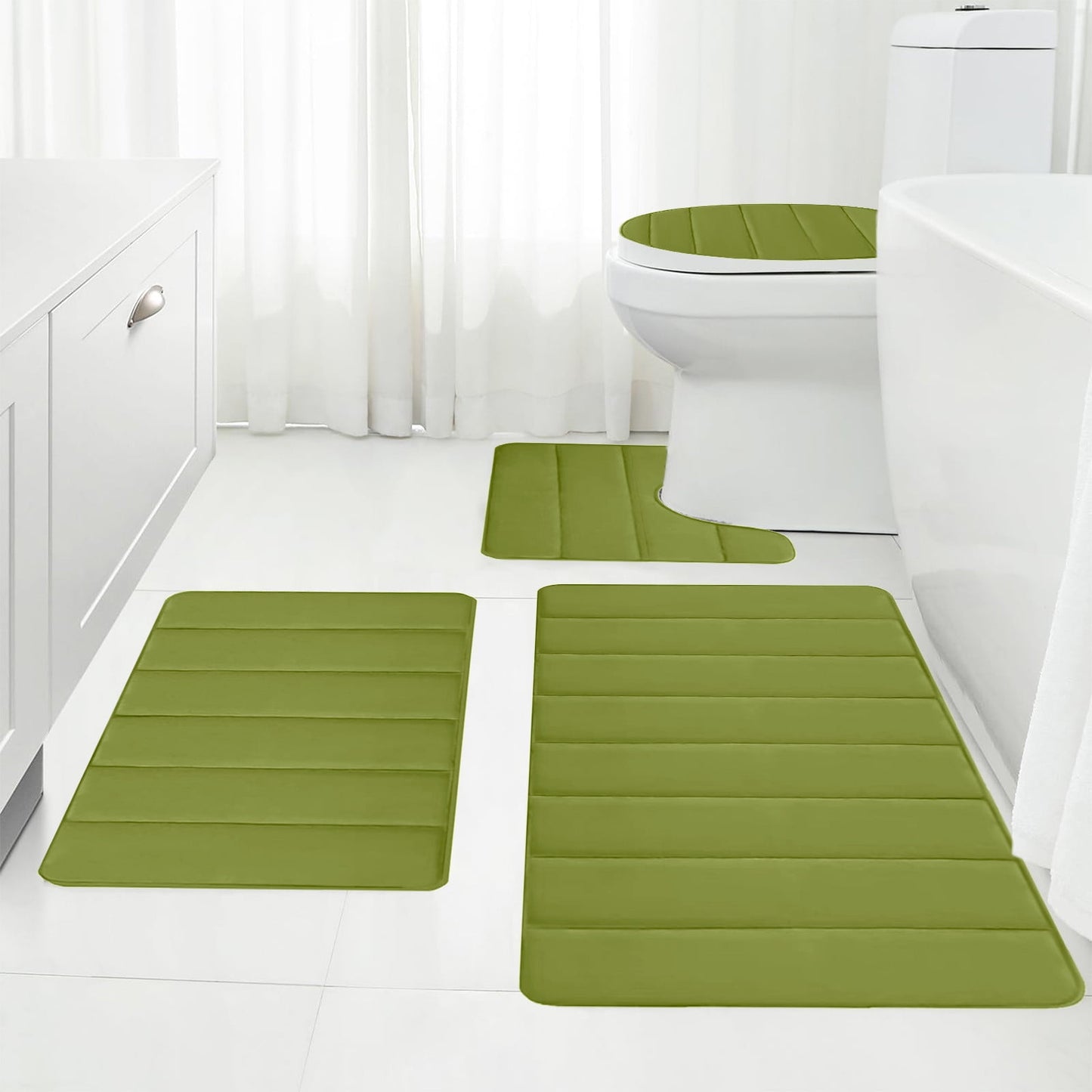 Xuniizn Bathroom Rugs Sets 4 Piece, Bath Mat Set and Oval Toilet Base with Rubber Backing, Plush Absorbent Shaggy Chenille Washable Mats, Includes 16x24", 16x20", 15x17" and 15x19" Rugs, Blue Green