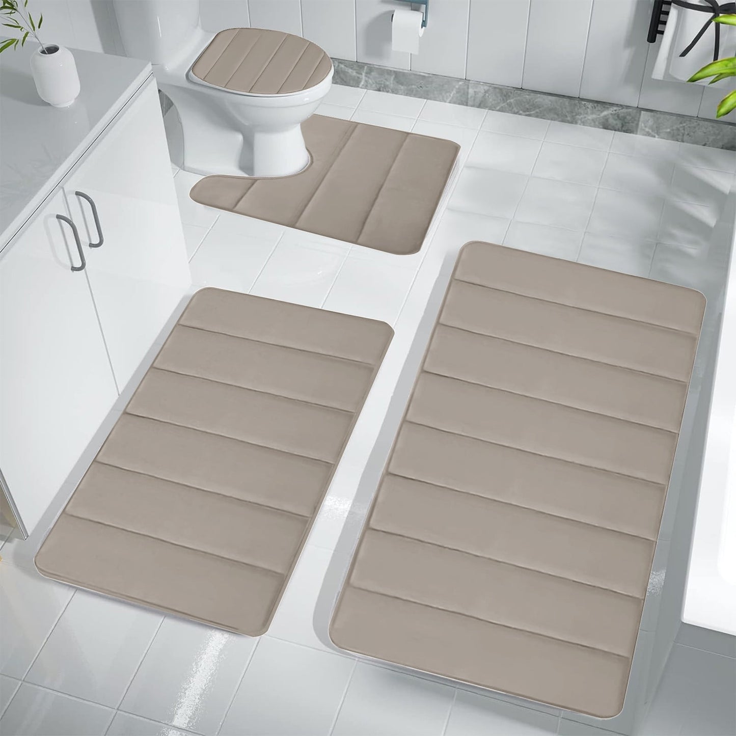 Xuniizn Bathroom Rugs Sets 4 Piece, Bath Mat Set and Oval Toilet Base with Rubber Backing, Plush Absorbent Shaggy Chenille Washable Mats, Includes 16x24", 16x20", 15x17" and 15x19" Rugs, Blue Khaki